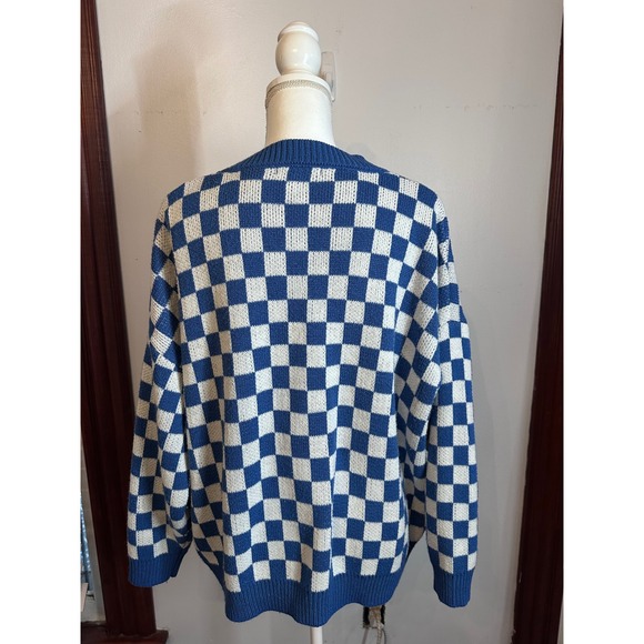Forever 21 Blue White Checkerboard Knit Cardigan Sweater Womens Medium Oversized - Picture 3 of 8
